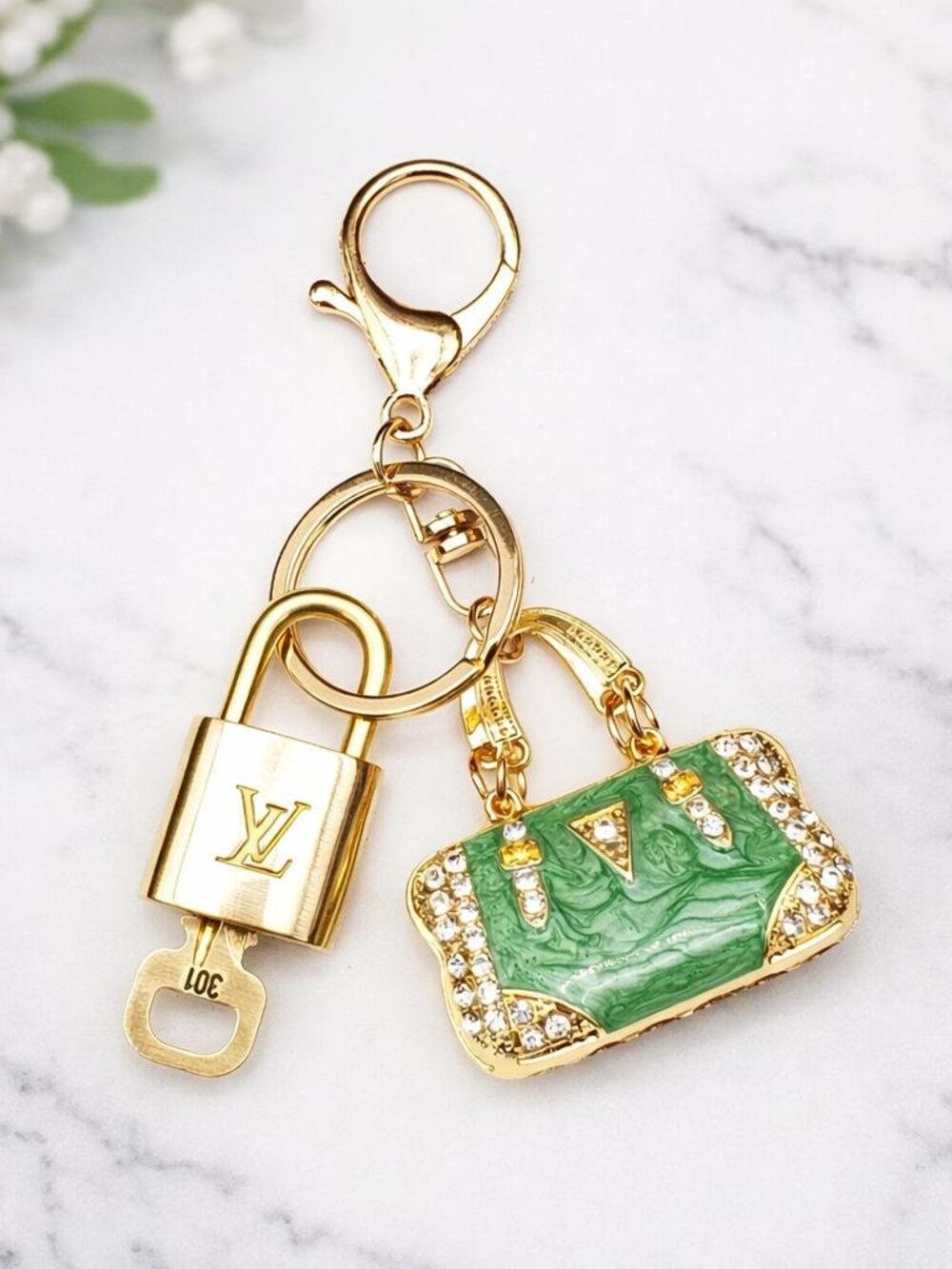 LV Authentic Gold Lock & Key 🔑 Luxury Bag Charm w/ Unbranded Bag Keychain
